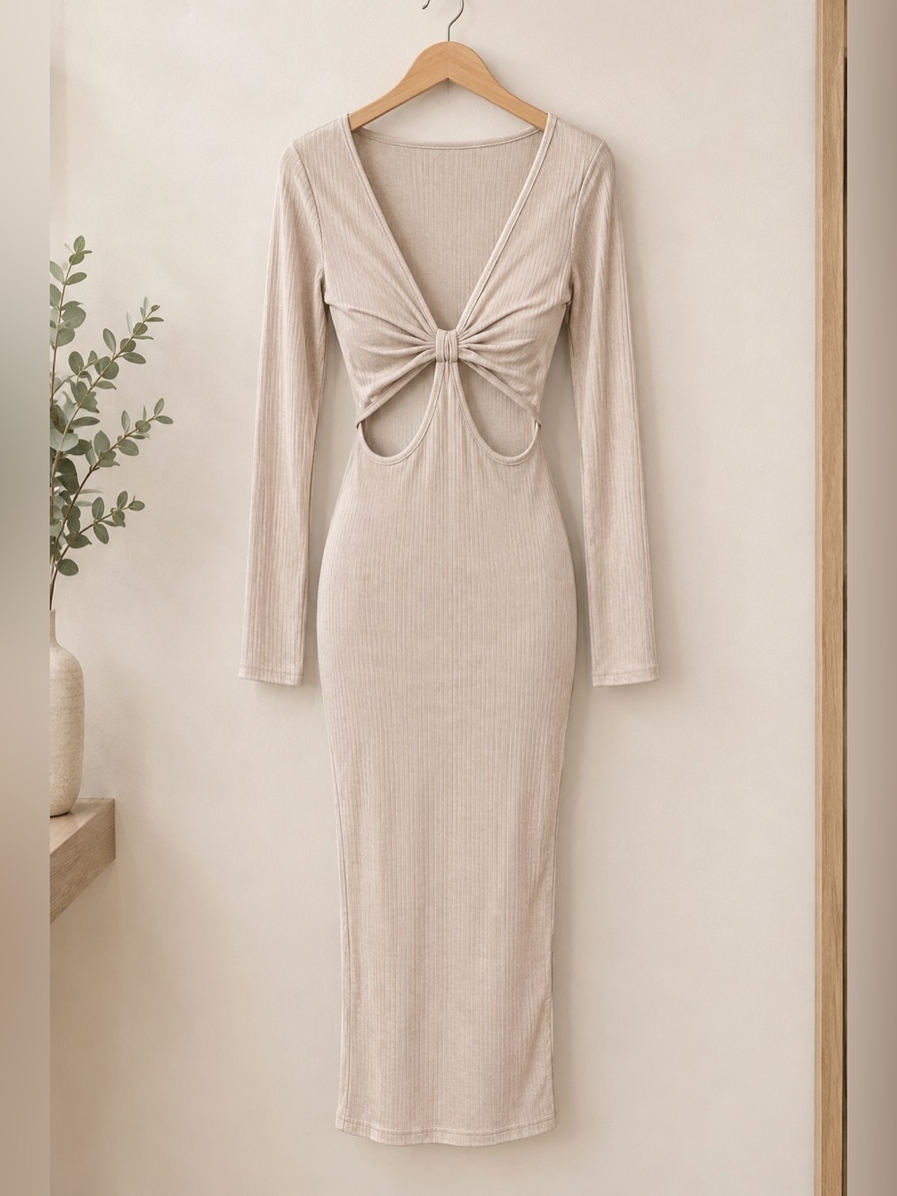 Open Front Ribbed Cutout Midi Dress in Beige/Tan